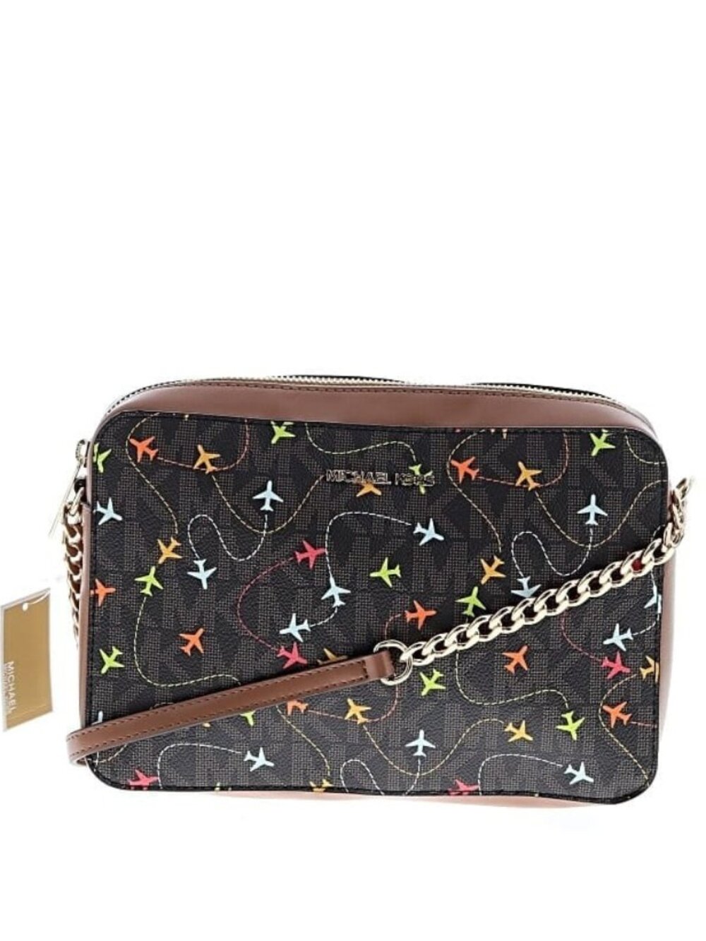 NWT Michael Kors Jet Set Airplane Print Large East West Crossbody Brown Multi